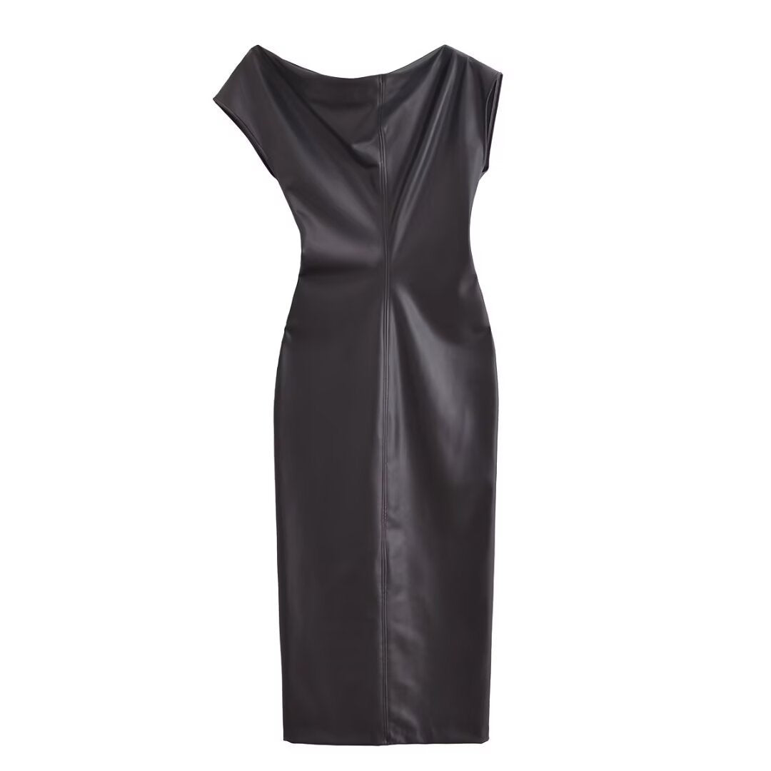 Asymmetric Faux Leather Pleated Midi Dress – Slim Fit High Waist