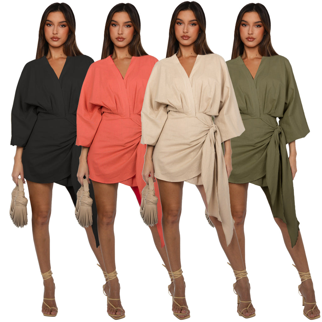 Linen V-Neck Lace-Up Midi Dress – Lantern Sleeve Casual Dress