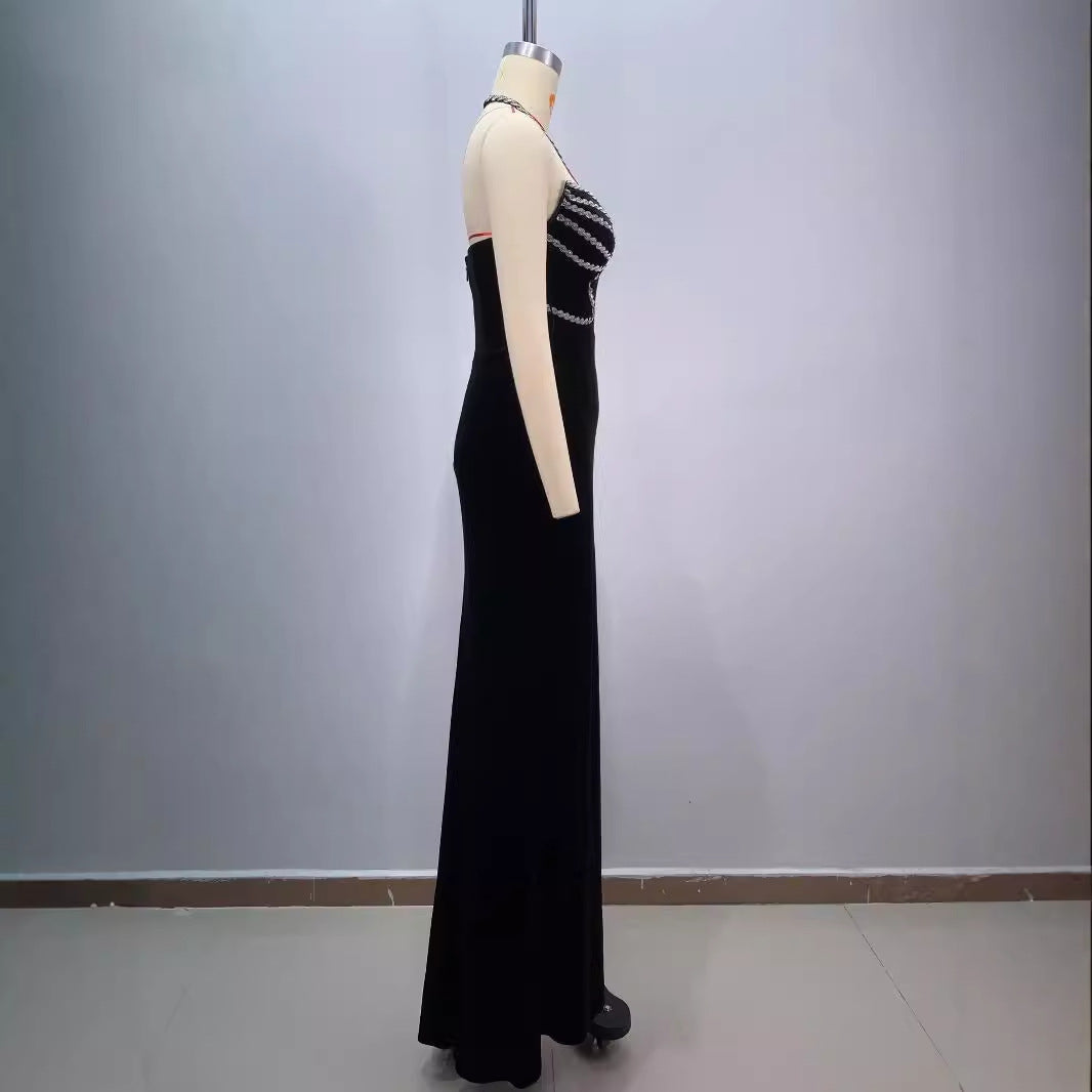 Backless Diamanté Halter Maxi Dress – Slim Fit Slit Evening Gown