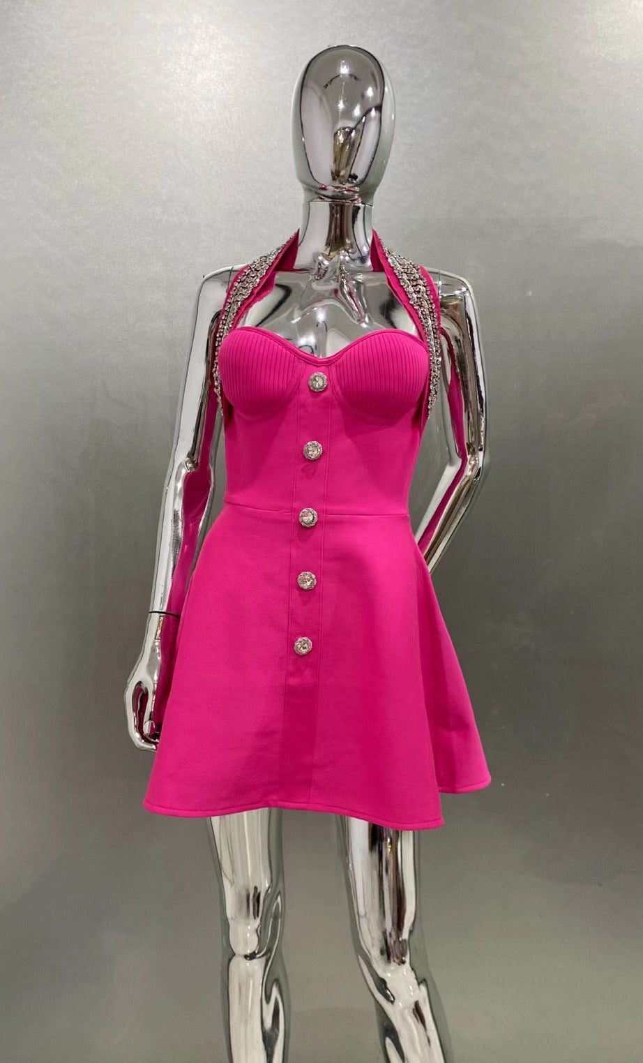 Rhinestone Halter Mini Dress – Waist-Cinching Party Bandage Dress