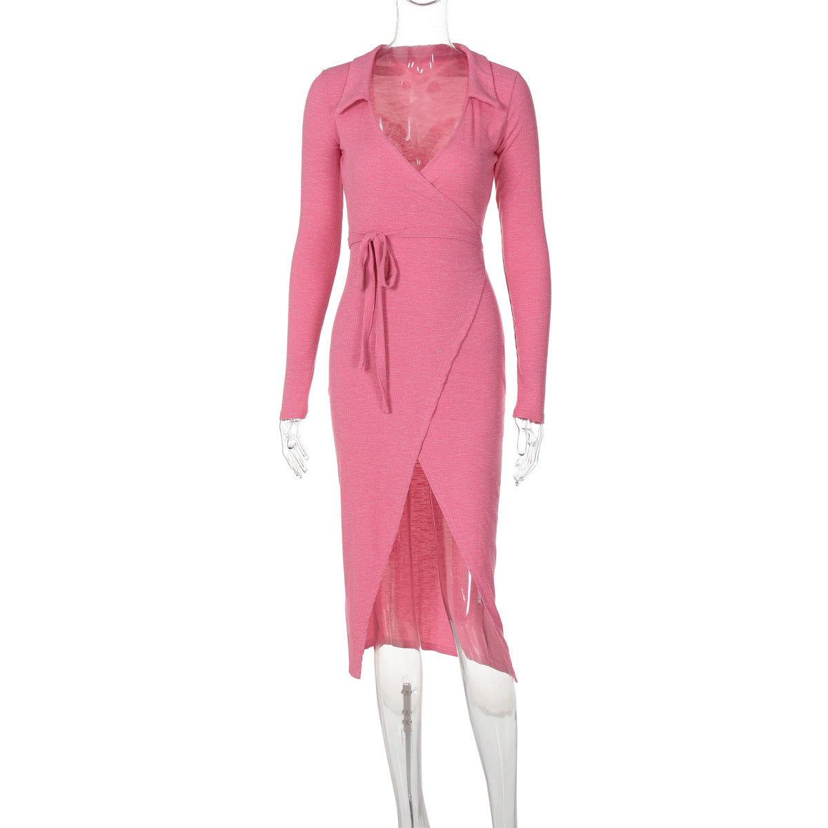 Tie-Waist Long Sleeve Split Midi Dress – Slim Fit Bodycon