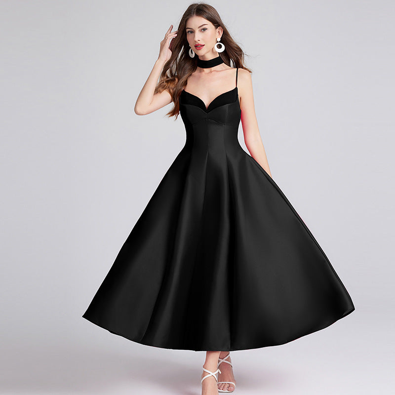 Hepburn-Style Ruffled Maxi Dress – Sleeveless V-Neck Waist-Cinched Dress