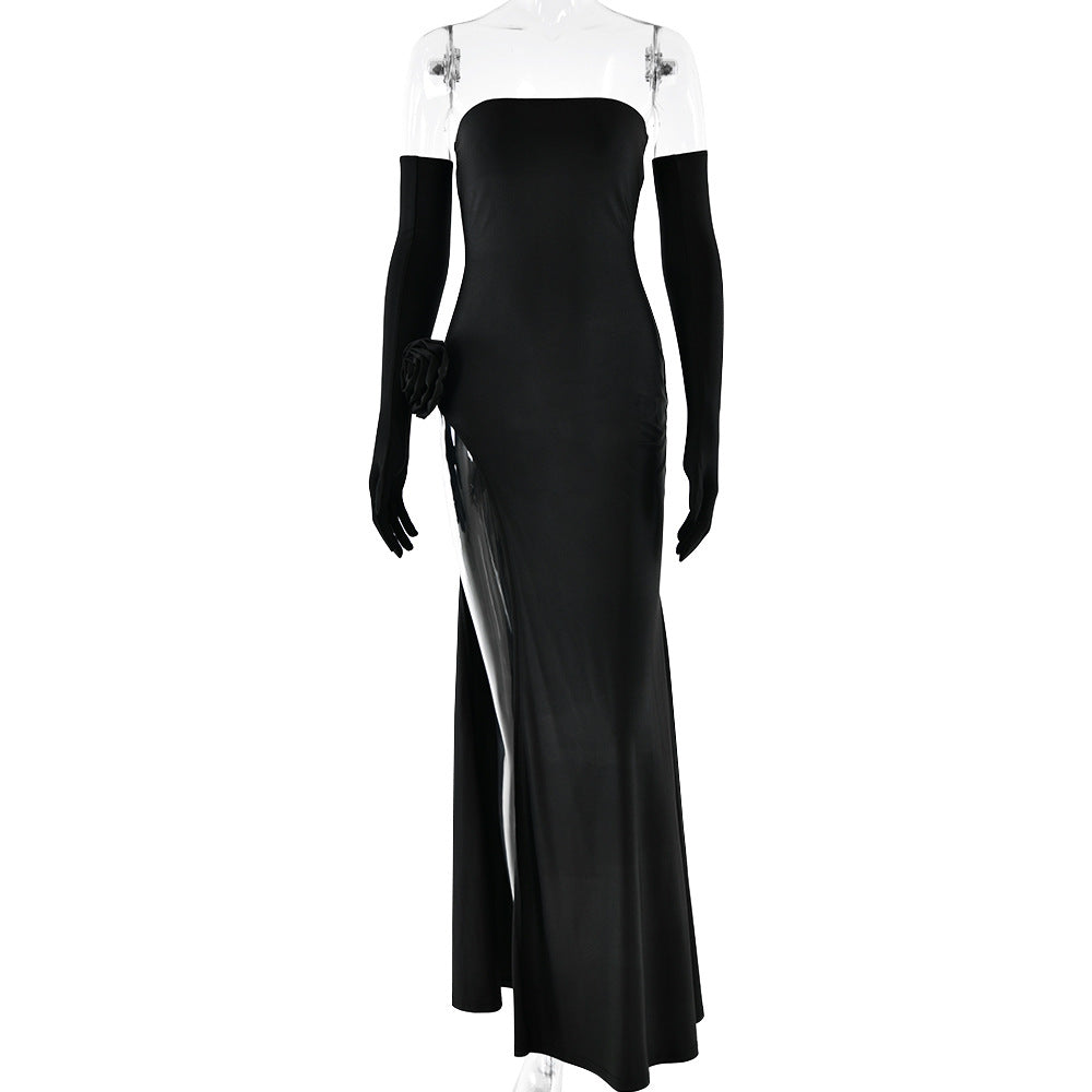 Strapless Floral Inlay Backless Slit Maxi Dress – High Waist Slim Fit