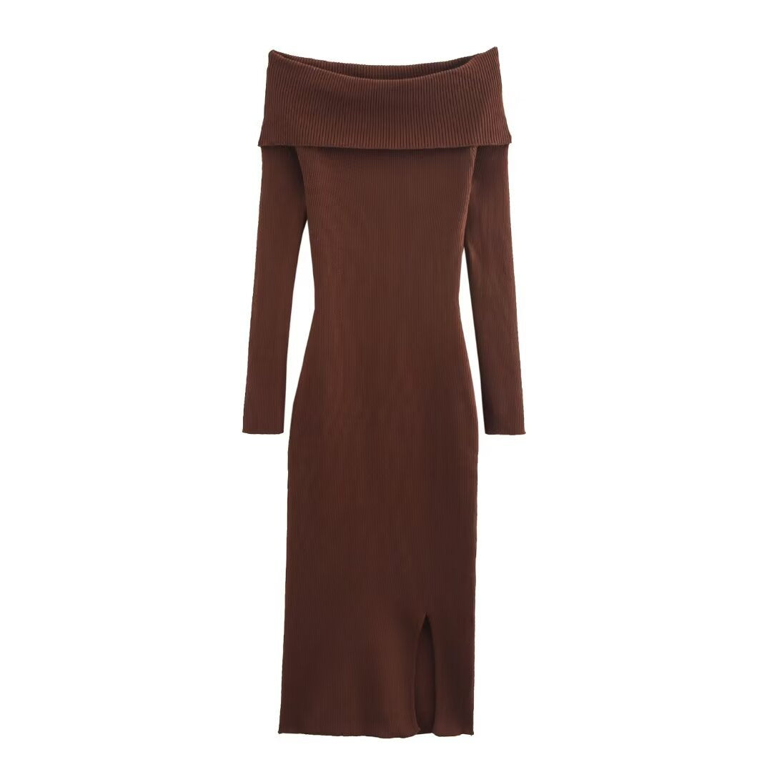 One-Shoulder Knit Maxi Dress – Slim Fit Long Sleeve