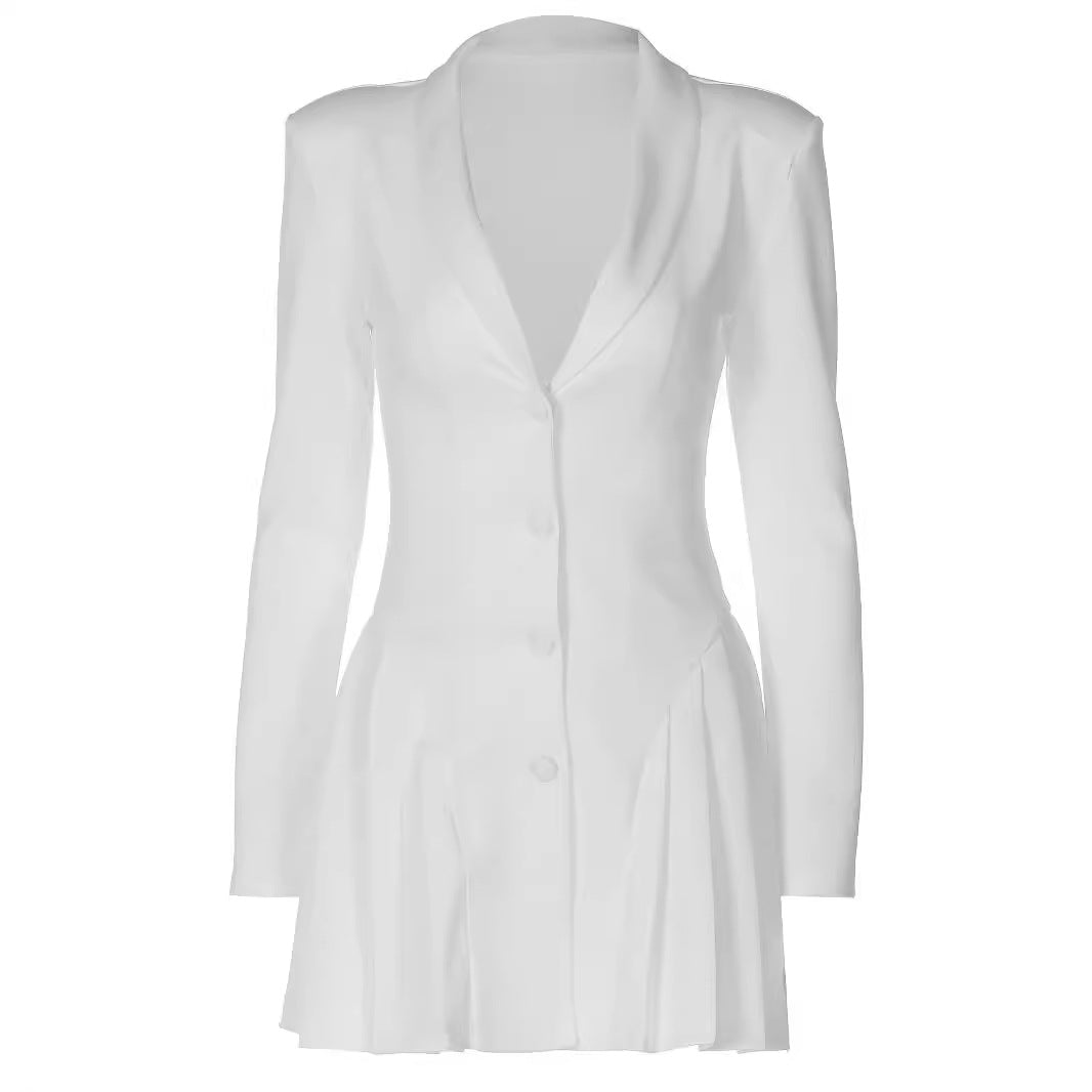 Deep V-Neck Blazer Mini Dress – Long Sleeve High Waist Dress