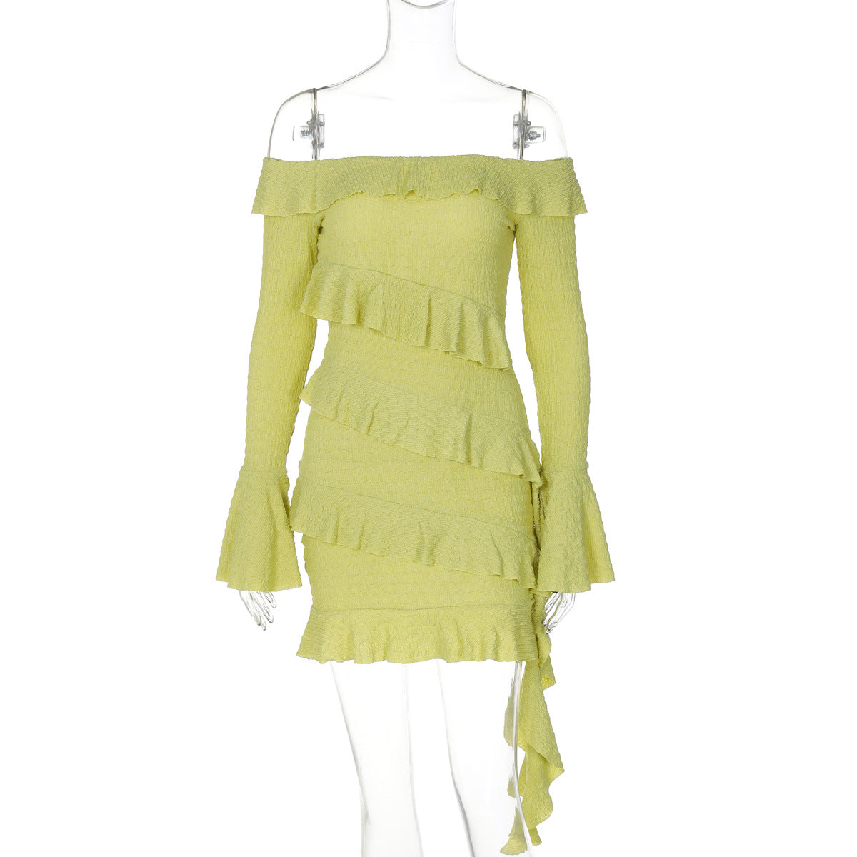 One-Shoulder Ruffle Sleeve Ribbon Mini Dress – Slim Fit Long Sleeve Dress