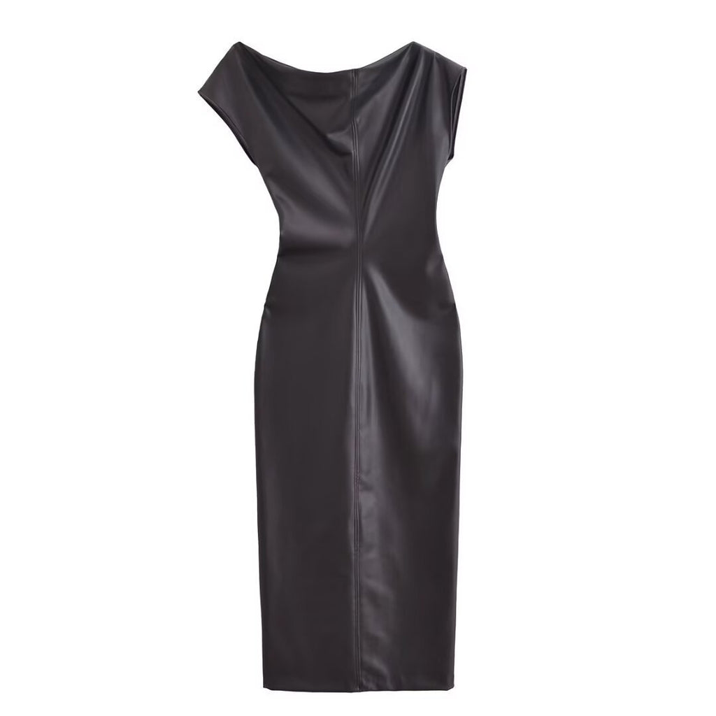 Asymmetric Faux Leather Pleated Midi Dress – Slim Fit High Waist
