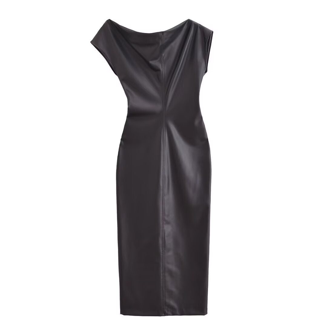 Asymmetric Faux Leather Pleated Midi Dress – Slim Fit High Waist