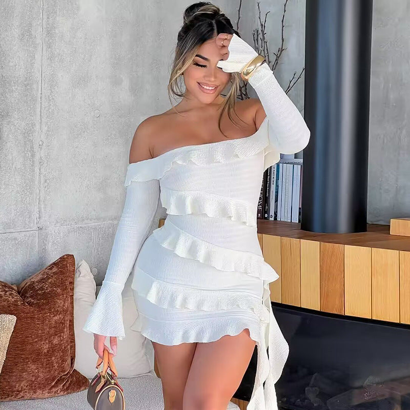 One-Shoulder Ruffle Sleeve Ribbon Mini Dress – Slim Fit Long Sleeve Dress