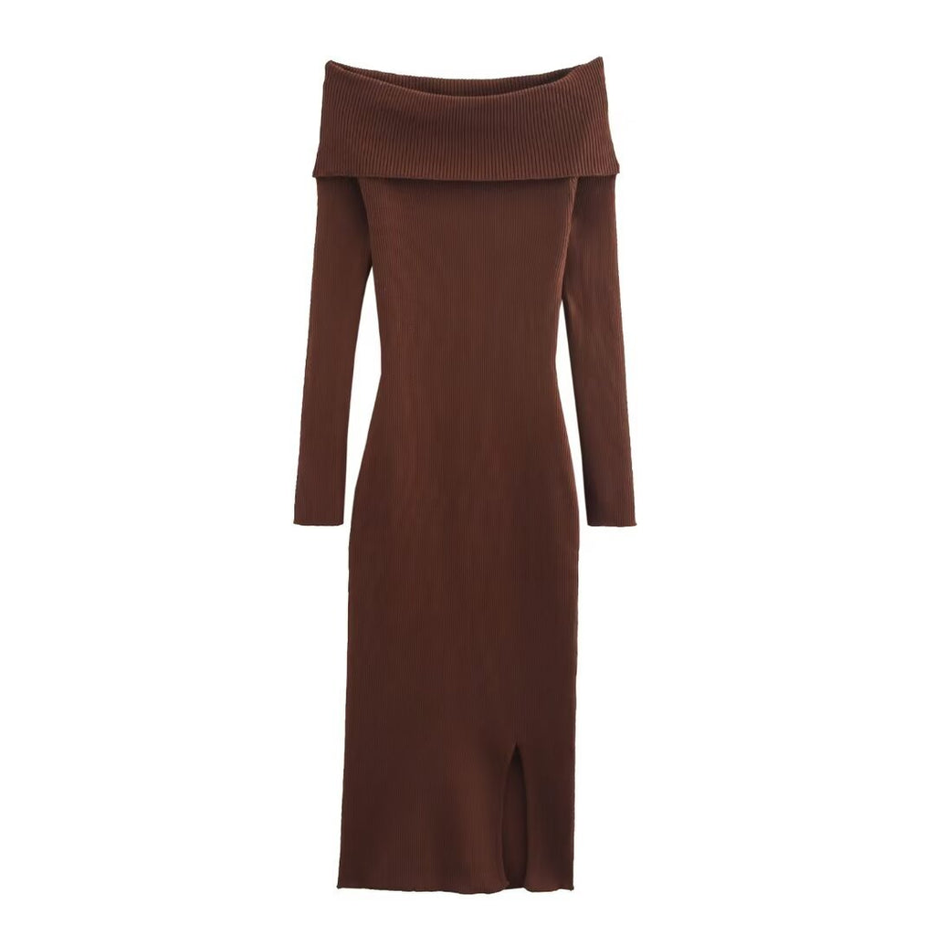 One-Shoulder Knit Maxi Dress – Slim Fit Long Sleeve