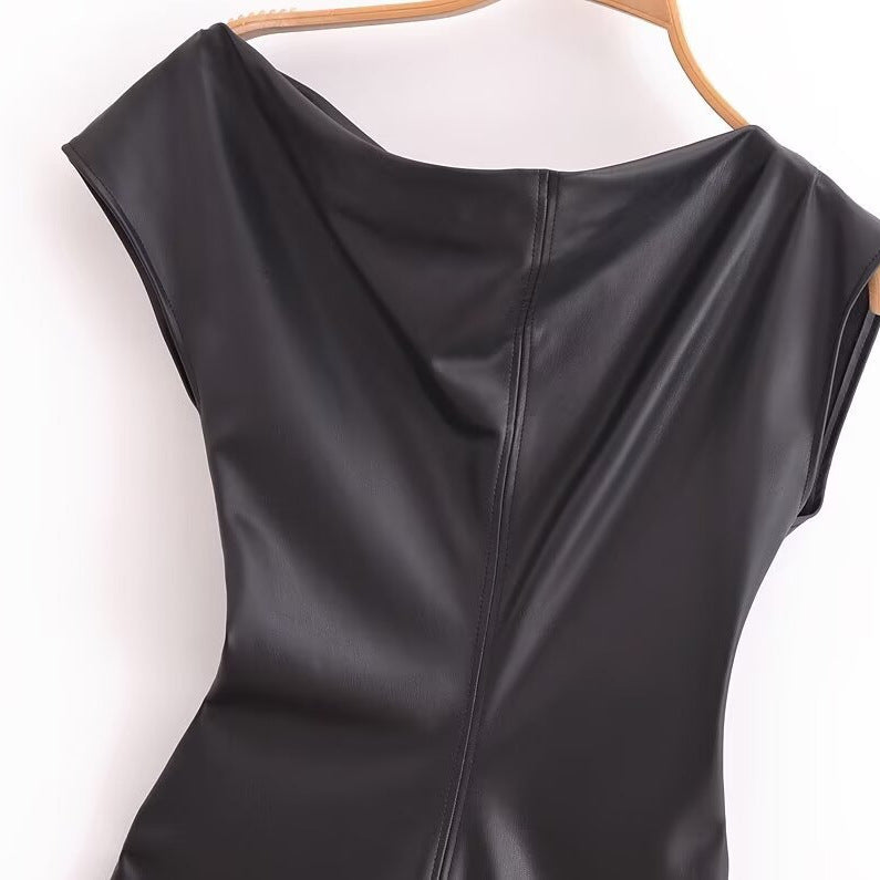 Asymmetric Faux Leather Pleated Midi Dress – Slim Fit High Waist