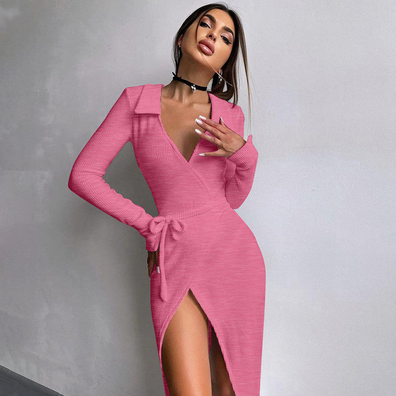 Tie-Waist Long Sleeve Split Midi Dress – Slim Fit Bodycon