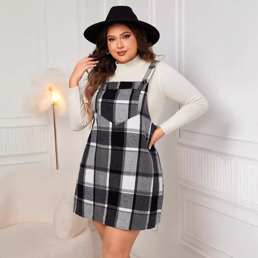Plaid Pinafore Maxi Dress – Oversized Long Sleeve A-Line Dress with Pockets