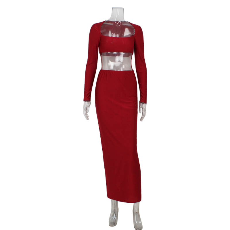Strapless Crop Top & High-Waist Maxi Skirt Two-Piece Set – Slim Fit Long Sleeve