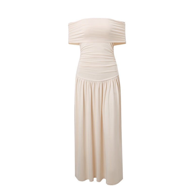 Pleated Strapless Bodycon Maxi Dress – High Waist Slim Fit Dress