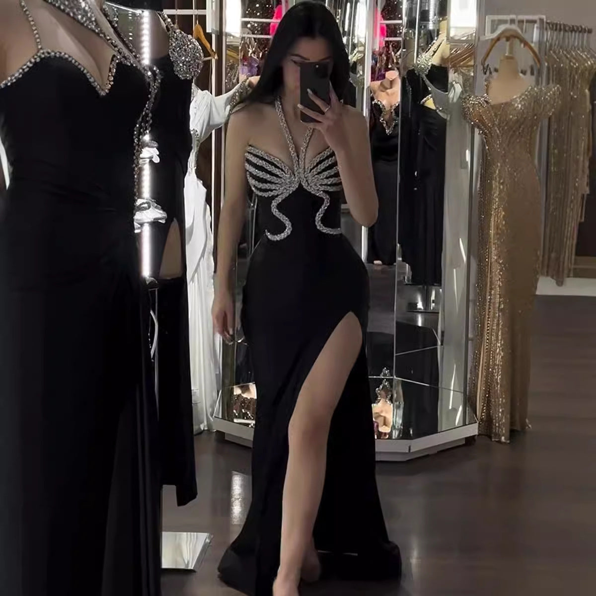 Backless Diamanté Halter Maxi Dress – Slim Fit Slit Evening Gown