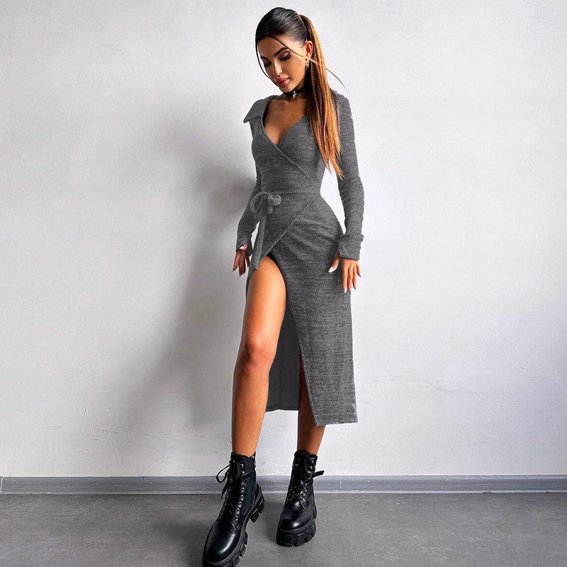 Tie-Waist Long Sleeve Split Midi Dress – Slim Fit Bodycon