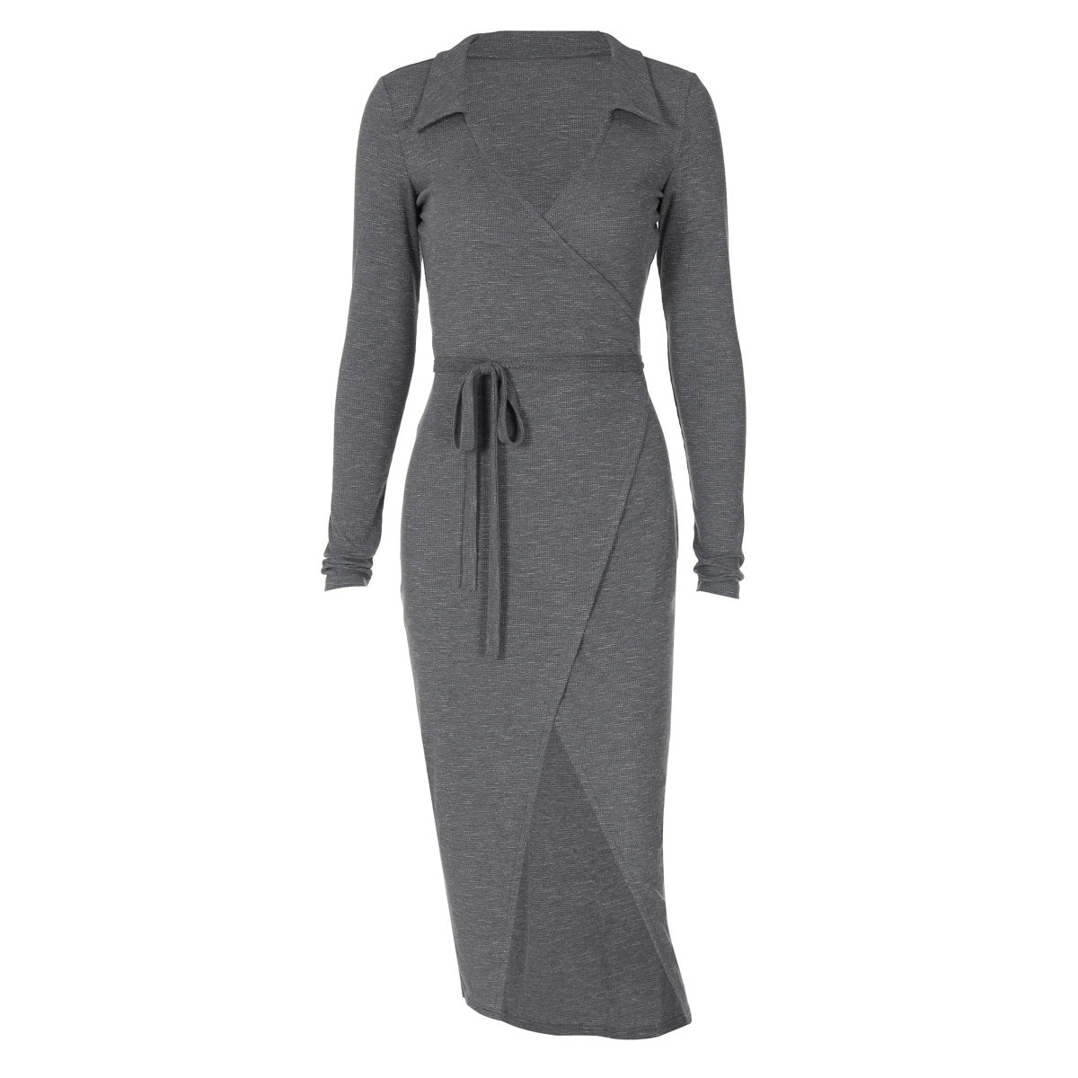 Tie-Waist Long Sleeve Split Midi Dress – Slim Fit Bodycon